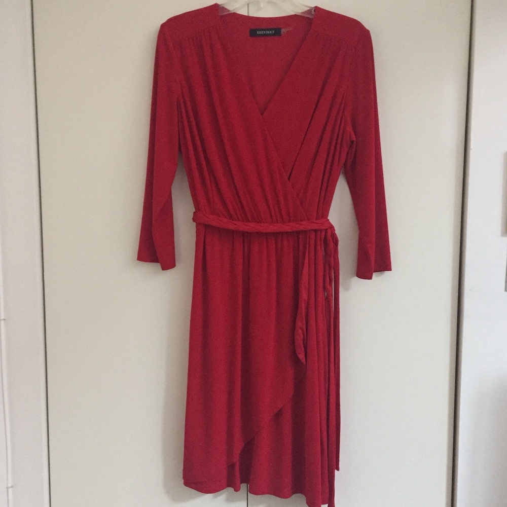 Ellen Tracy red faux wrap dress, size 12